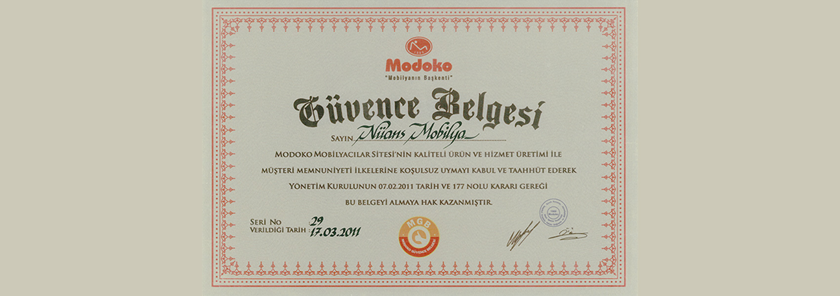 Modoko Assurance Certificate