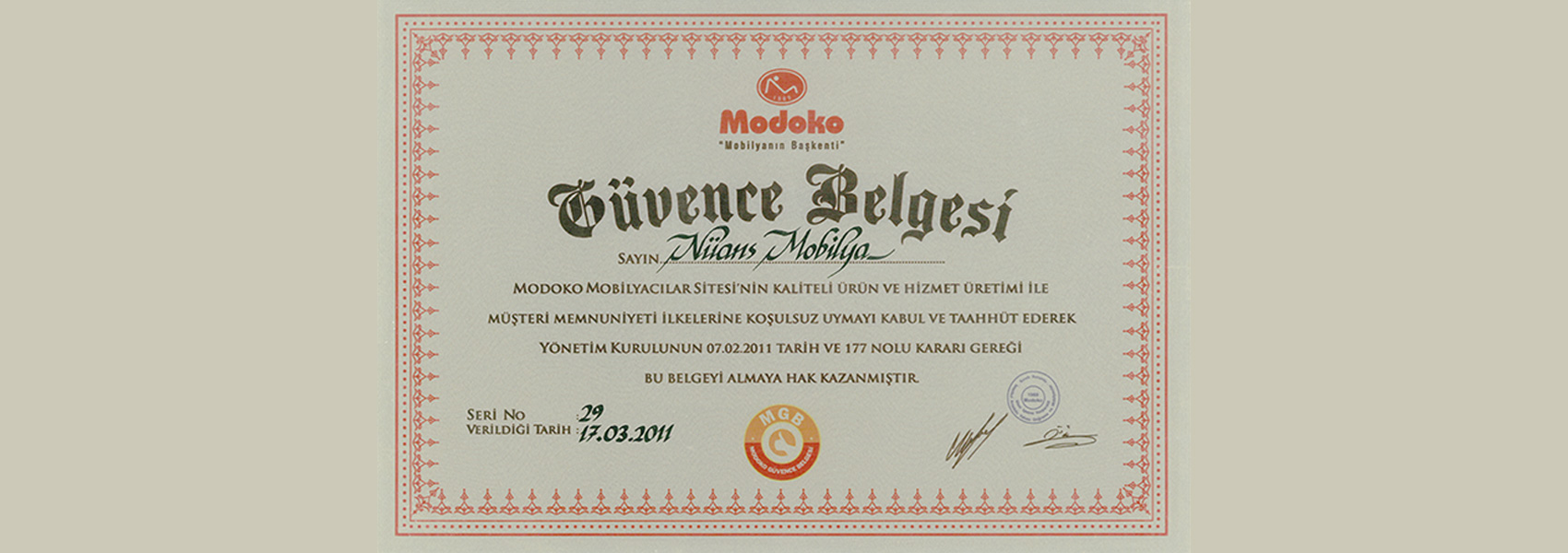 Modoko Assurance Certificate